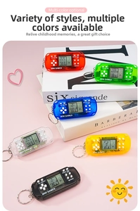 Detail view of mini handheld Tetris game consoles in six colors with metal keychains