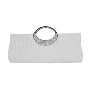 Elegant white pleated evening clutch bag with crystal-embellished oval metal handle