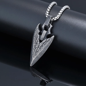 Vintage Viking spearhead pendant necklace in antique silver finish for men