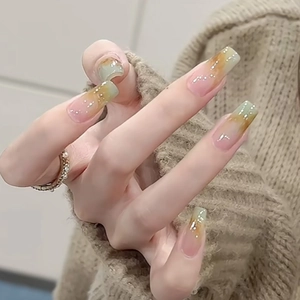 Faux Ongles Longs Cercueil À Presser Dégradé Ambre Marbre Ombre Avec Künstliche Perles Pour Femmes Manucure Décoration