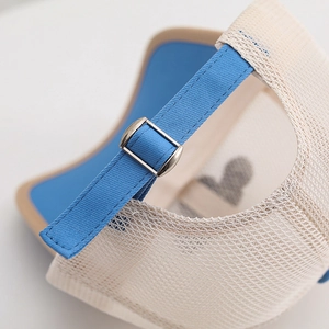 Detail of breathable mesh kids baseball cap with adjustable blue strap and metal buckle