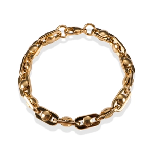 Close-up of golden flat link chain bracelet with oval links and sphere inner details