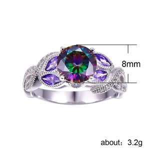 Rainbow topaz silver ring with purple accent stones and engraved hollow band