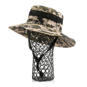 Outdoor camouflage sun hat with wide brim, breathable mesh and adjustable chin strap
