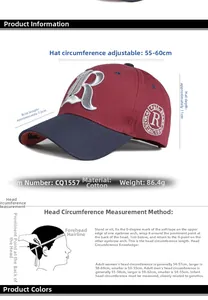 Detailed size chart for the embroidered cotton baseball cap with adjustable strap