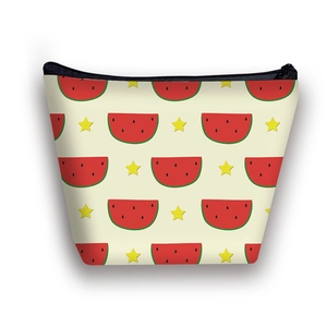 Beige canvas cosmetic bag with red watermelon pattern and black zipper closure