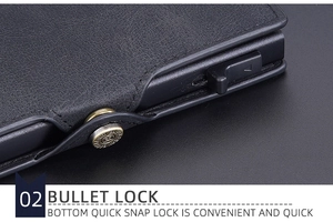 Close-up of the RFID blocking wallet with quick bullet lock and black leather texture