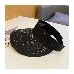 Detail of black rhinestone sun visor showing 54-58cm head circumference size label