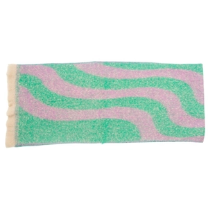 Close-up of green and purple wave knit scarf featuring beige tassel fringe detail