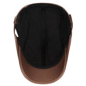 Béret marron en cuir PU avec doublure chaude et boucle en métal réglable sur le côté