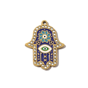 Macro shot of Hamsa Hand pendant with blue enamel, evil eye, and crystal bezel setting