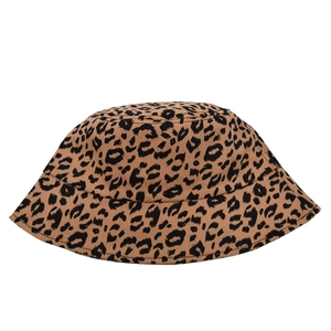 Detail of khaki leopard print bucket hat showing clean circular stitching and canvas texture