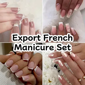 Press On Nails French Tip Ombre Elegant Glossy Long Almond Coffin Square Shape Butterfly Design Artificial False Fingernails For Women