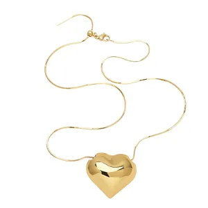 Minimalist gold heart pendant necklace with smooth snake chain for women