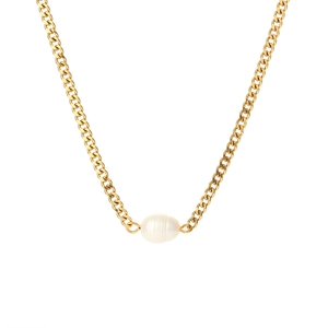Elegant gold cuban chain necklace featuring a single freshwater pearl pendant on white background