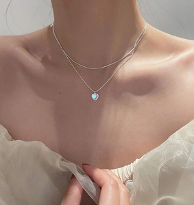 Layered Heart Pendant Necklace Silver Plated Copper With Iridescent Moonstone Jewelry For Women