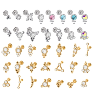 316L Stainless Steel Cubic Zirconia Labret Lip Stud Flat Back Ear Cartilage Piercing Geometric Crystal Cluster Jewelry