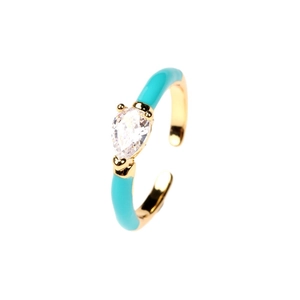 Adjustable gold ring with turquoise enamel and a sparkling pear-cut cubic zirconia stone