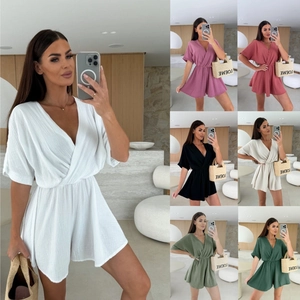 Tuta Corta Da Donna Scollo A V Maniche Cortre Strutturata Vita Alta Casual Vacanza Tuta Elegante