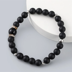 Beaded Bracelet Matte Black Natural Stone Alloy Spacers Rhinestone Elastic Fashion Jewelry For Men Women