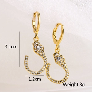 18K gold plated snake drop earrings with sparkling cubic zirconia on white background