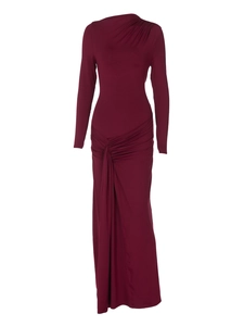 Slim fit burgundy long sleeve dress with waist ruching details on a white background