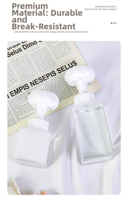 Top view of square PETG foaming bottle with decorative white flower pump head on newspaper