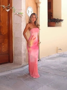 Robe bustier moulante dégradé rose et jaune, élégante robe d'été avec fente arrière