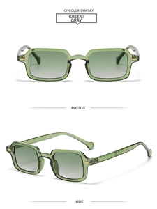 Vista detallada de gafas de sol vintage rectangulares verdes con lentes degradadas