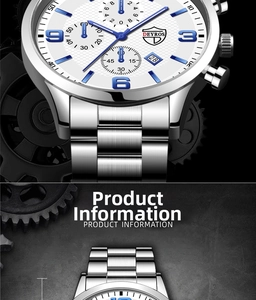 Detail of silver chronograph watch with white textured dial on industrial gears
