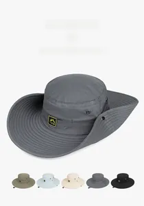 Detail view of breathable wide brim fishing hat showing various color options and chin strap