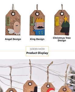 Close-up of wooden Christmas tree ornaments with peace and joy holiday inscriptions