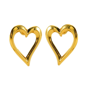 Detail shot of hollow heart-shaped gold stud earrings with polished mirror finish