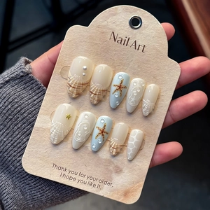 Ocean Theme 3D Relief Sea Star Press On Nails With Shell Texture And Pearl Decoration Handmade Blue White False Nails For Women