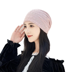 Pink lace slouchy beanie for women with shimmering rhinestones and floral patterns