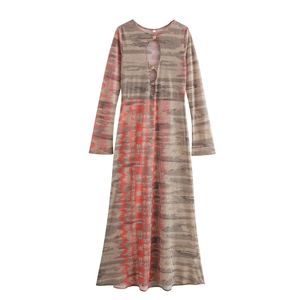 Robe Longue Sexy En Maille Pour Femmes Manches Longues Découpe Col Rond Imprimé Abstrait Coupe Ajustée Élégante Style Français