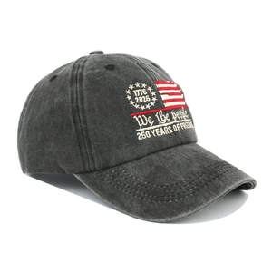 Close-up of vintage dark gray washed cotton baseball cap with 250th anniversary embroidery
