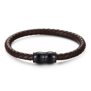 Brown woven leather bracelet for men with a textured black magnetic metal clasp