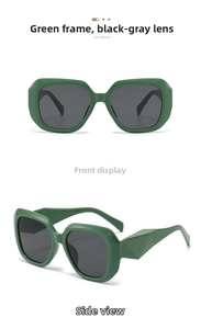 Detailed front and side view of thick green frame sunglasses with geometric texture