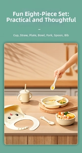Detailed 8-piece silicone baby feeding set with partitioned plate and bowl on wooden table