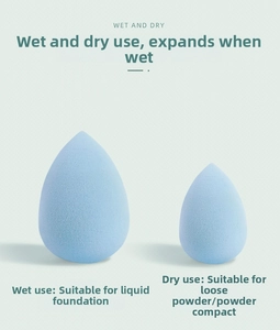 Blue teardrop makeup sponge showing wet and dry usage with water expansion detail
