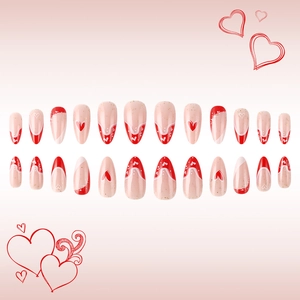 Unghie finte a mandorla lucide con cuori rossi e glitter dorati, set manicure francese da 24 pezzi