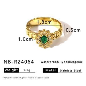 Detail view of gold stainless steel ring with green stone and size dimensions