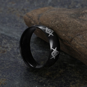 Men's black stainless steel Masonic ring with square compass G symbol on rock base
