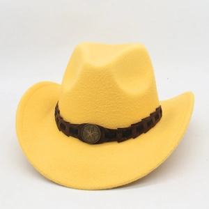 Macro detail of bright yellow felt cowboy hat with braided band and metal star badge