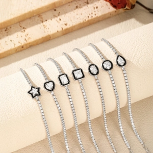 S925 sterling silver tennis bracelets with black enamel and geometric charms set
