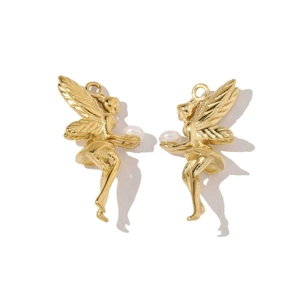 Golden stainless steel angel pendants with white pearls for DIY jewelry making