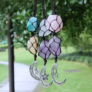 Handmade woven natural raw stone pendant with star and moon charms for home or car decor