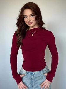 Slim fit off-shoulder long sleeve top for women in burgundy with pleated detail