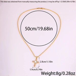 Detail showing gold cross pendant dimensions 2.8x1.9cm with zircon and twisted chain